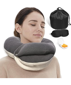 BUYUE Travel Neck Pillows for Airplanes, 360° Head Support Sleeping Essentials for Long Flight, Skin-Friendly & Breathable, Kit with 3D Contoured Eye Mask, Earplugs and Storage Bag (Adult, Grey)